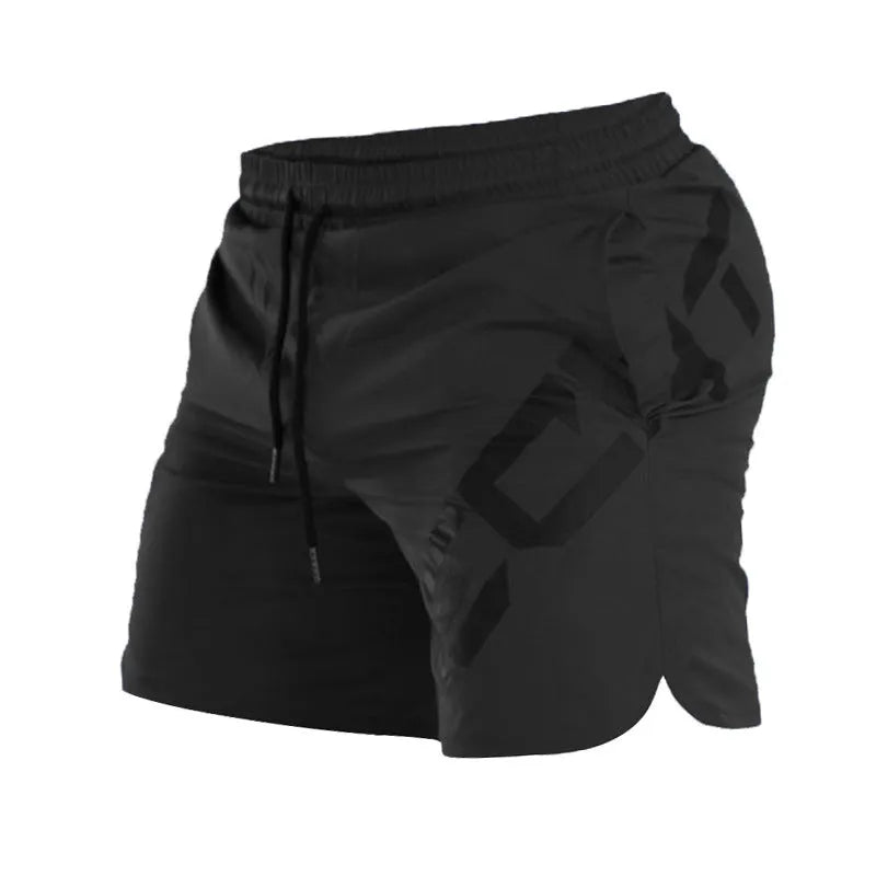 Men's black elastic training shorts with a knee-length cut on a plain background.