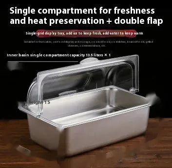Stainless steel commercial dining plate display box with a removable lid and multiple inner compartments.