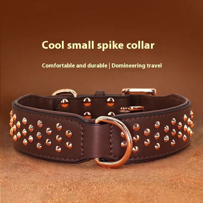 Leather dog collar with metal anti-bite rivets in black, chocolate, or pink colour options.