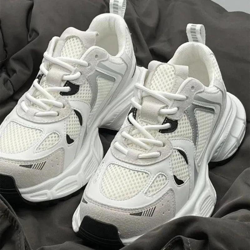 Beige women's mesh platform sports shoes with wedge heel and lace-up front