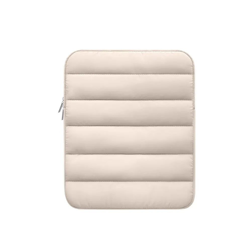 Puff Bag fluffy laptop sleeve for 9.7-11 inch devices in black, khaki, or silver.