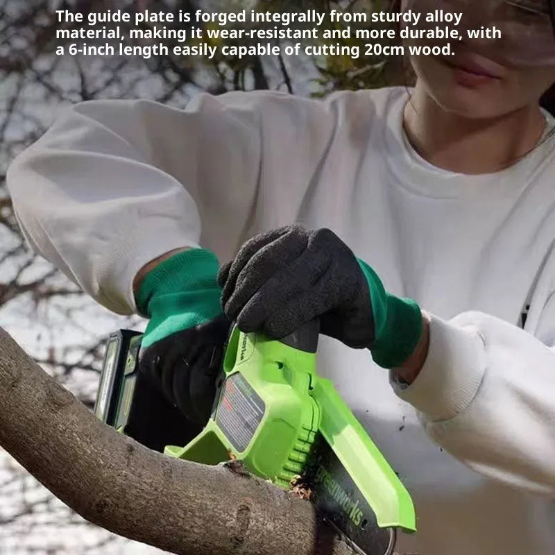 6-inch small electric chain saw with 24V lithium battery, 400W motor, and EU charger shown on white background