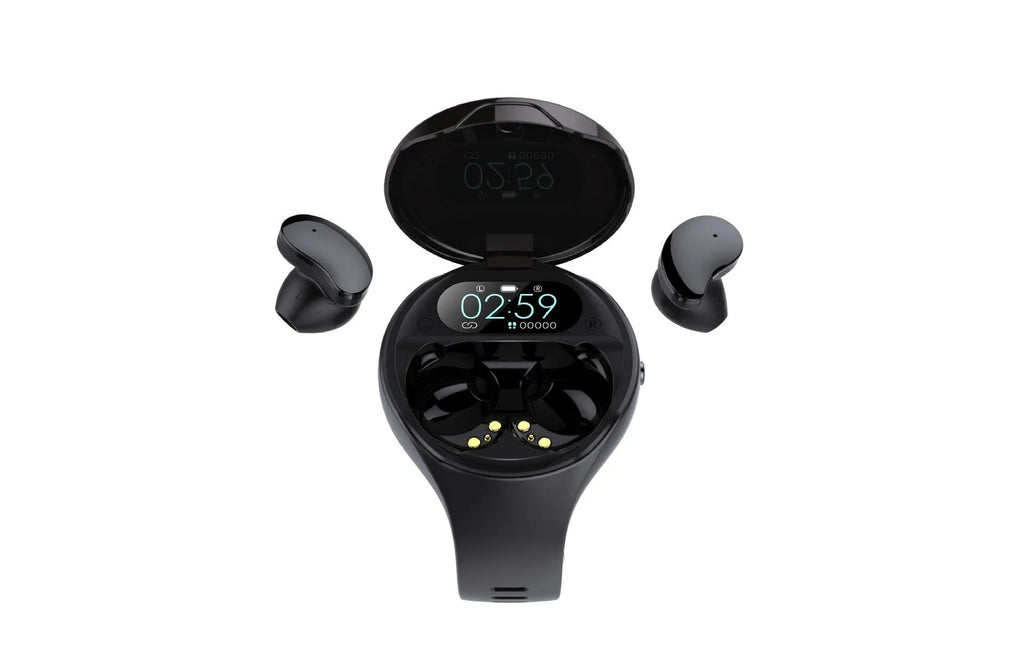 Black detachable smart bracelet and Bluetooth headset combo with colour screen and TWS earphones.