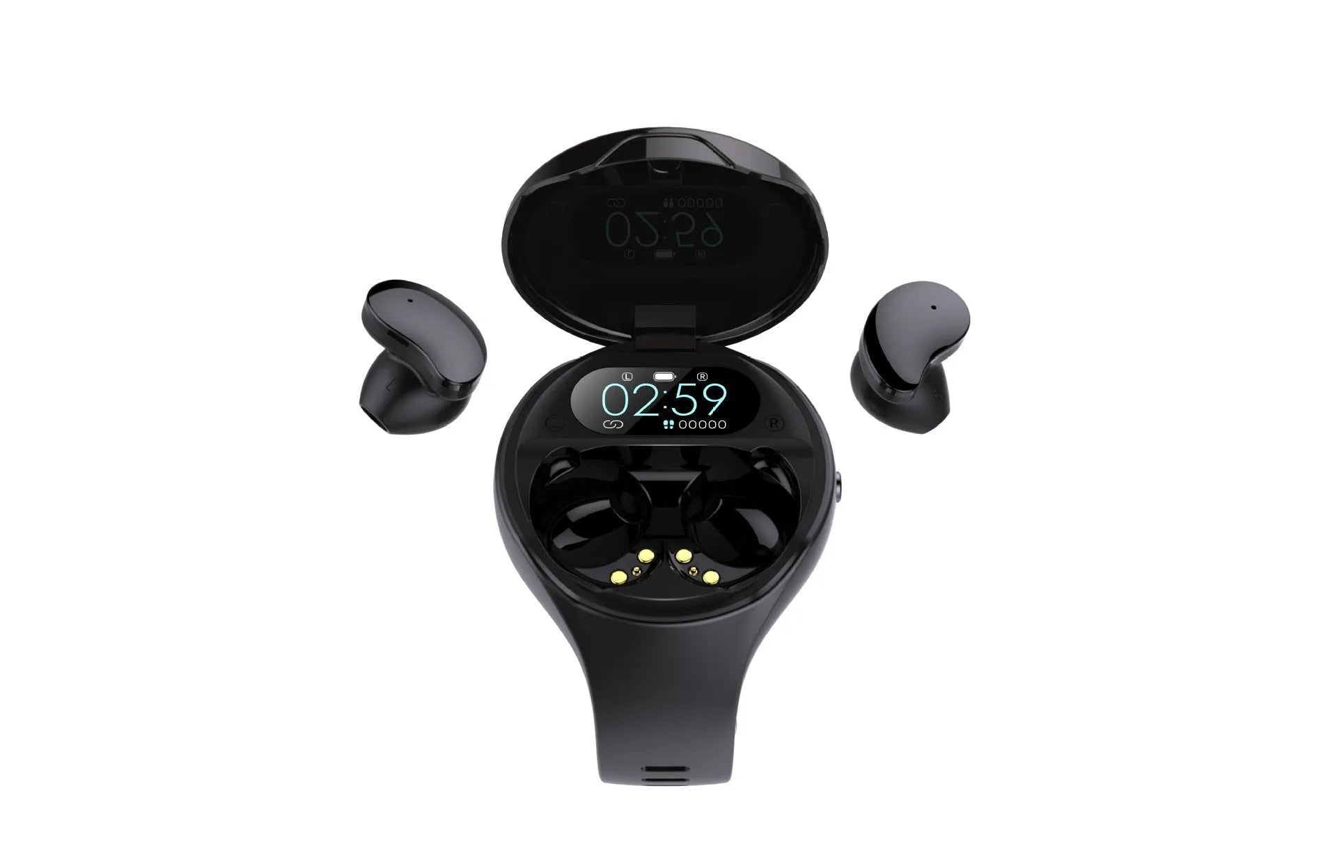 Black detachable smart bracelet and Bluetooth headset combo with colour screen and TWS earphones.
