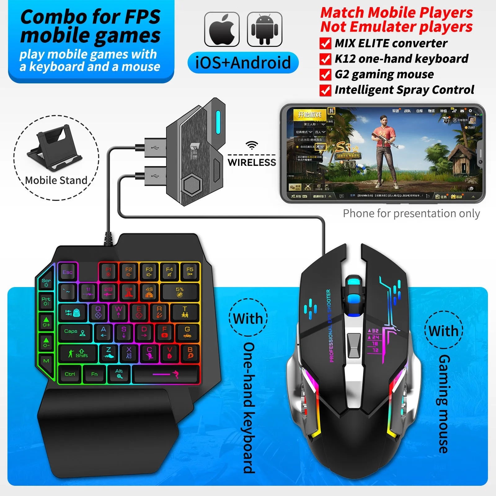 ABS plastic keyboard mouse converter for mobile gaming with USB interface