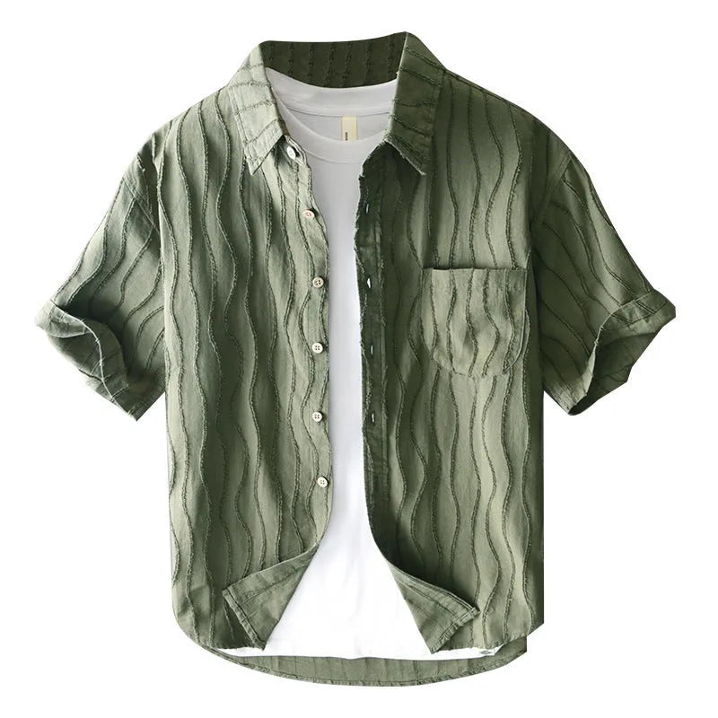 Men's apricot cotton short sleeve casual shirt with loose fit and Japanese styling