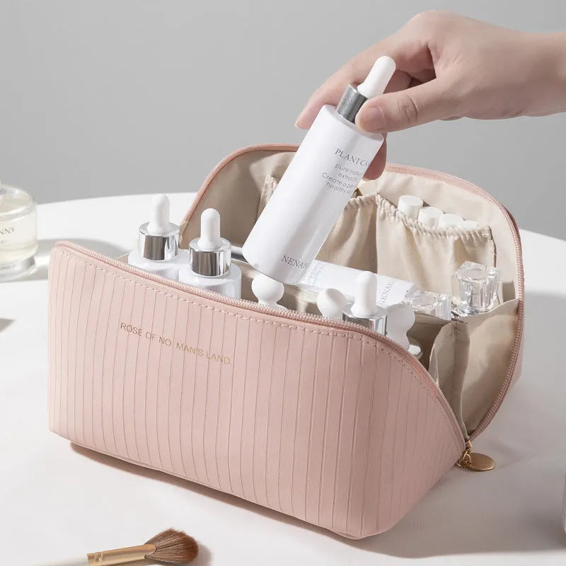 Cubic PU makeup bag with vertical pattern pillow design in beige, black, brown, grey, pink colours