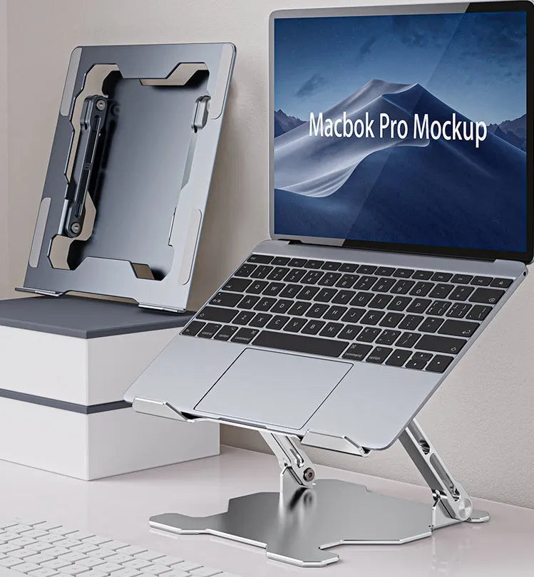 Grey aluminium laptop stand with adjustable angle and folding legs for portable use