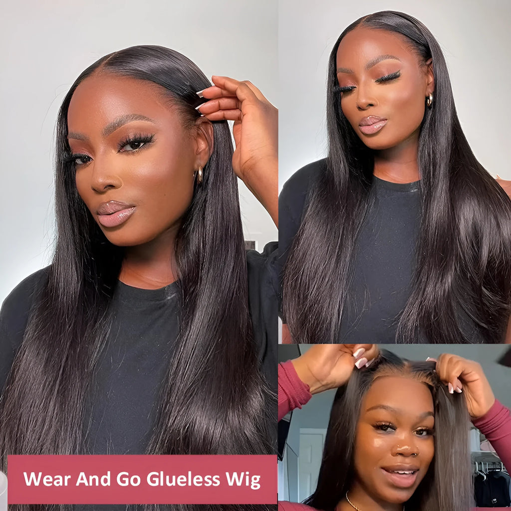 Glueless human hair straight wig with side bangs shown in natural styling