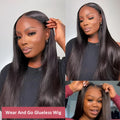 Glueless human hair straight wig with side bangs shown in natural styling