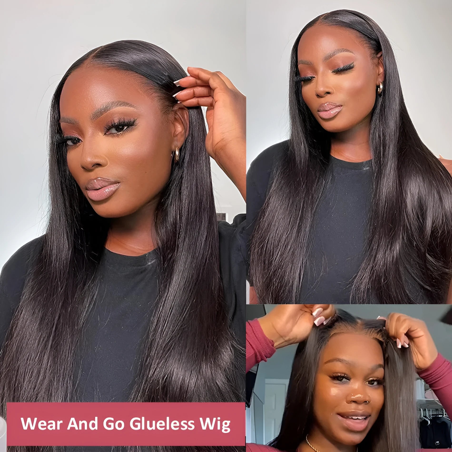 Glueless human hair straight wig with side bangs shown in natural styling
