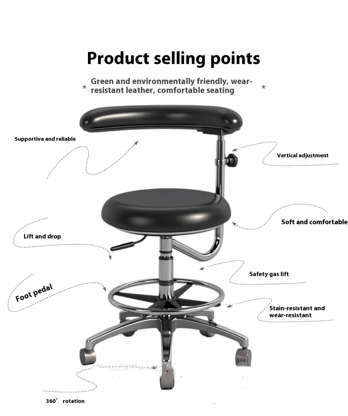 Black leather dental hospital chair for patient treatment and examination.