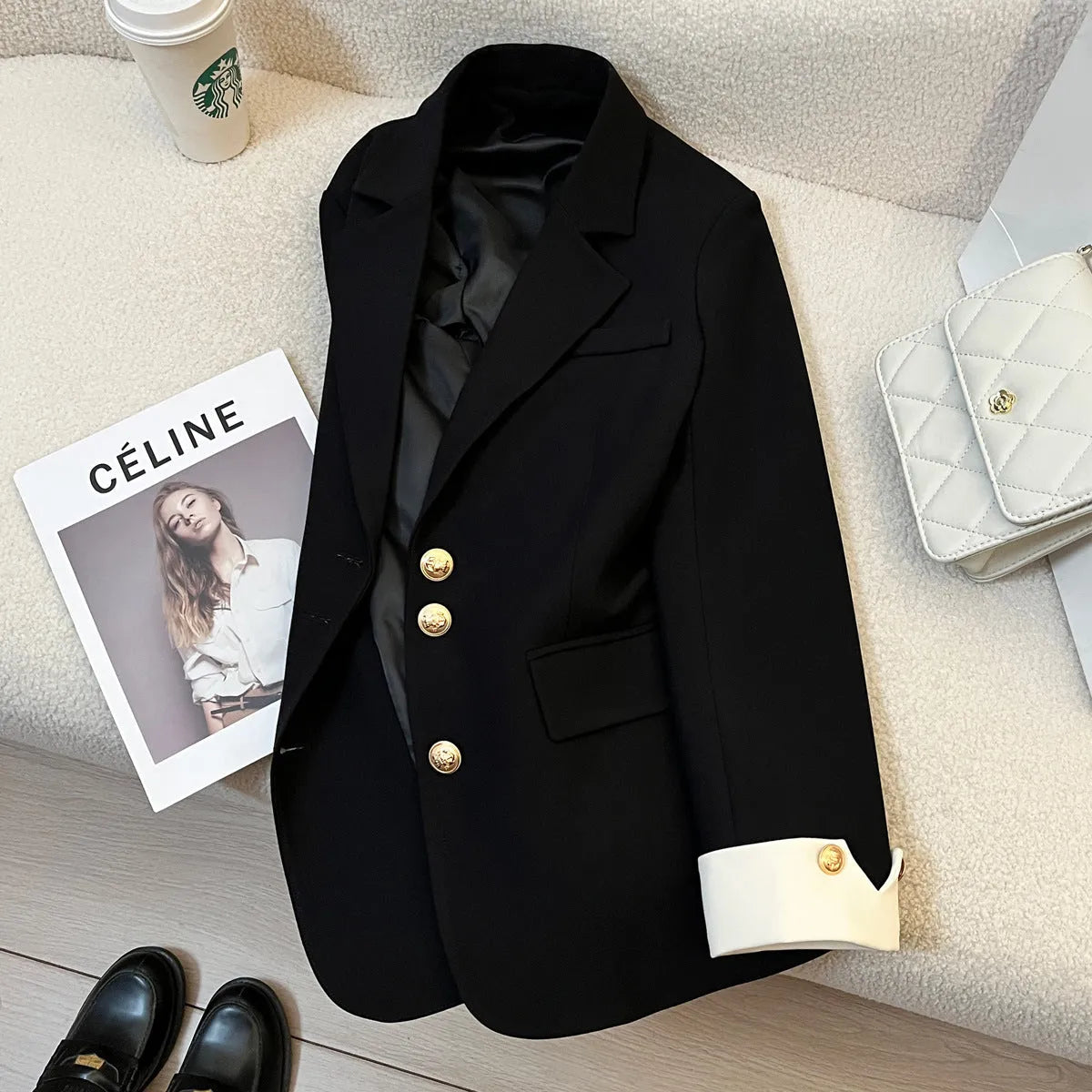 Women's loose fit coat in Korean style with 65cm length and pockets in milky white colour