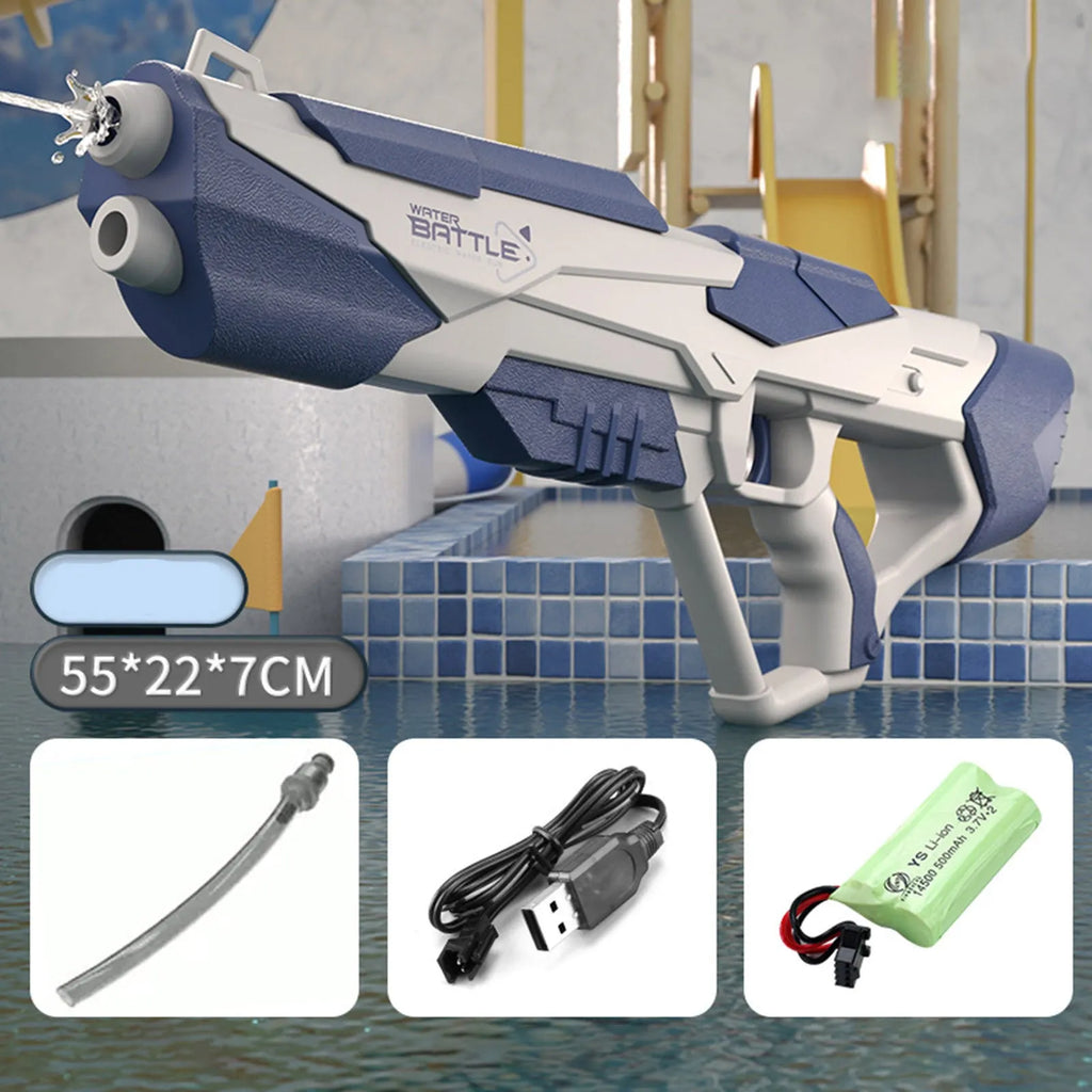 Blue electric water gun with USB charging cable and 55cm length for outdoor water fights