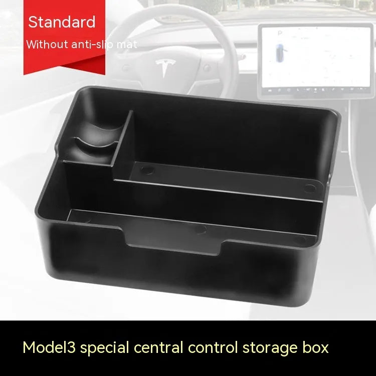 Plastic storage box designed for retrofitting into a Tesla Model 3, S, or X central control armrest.