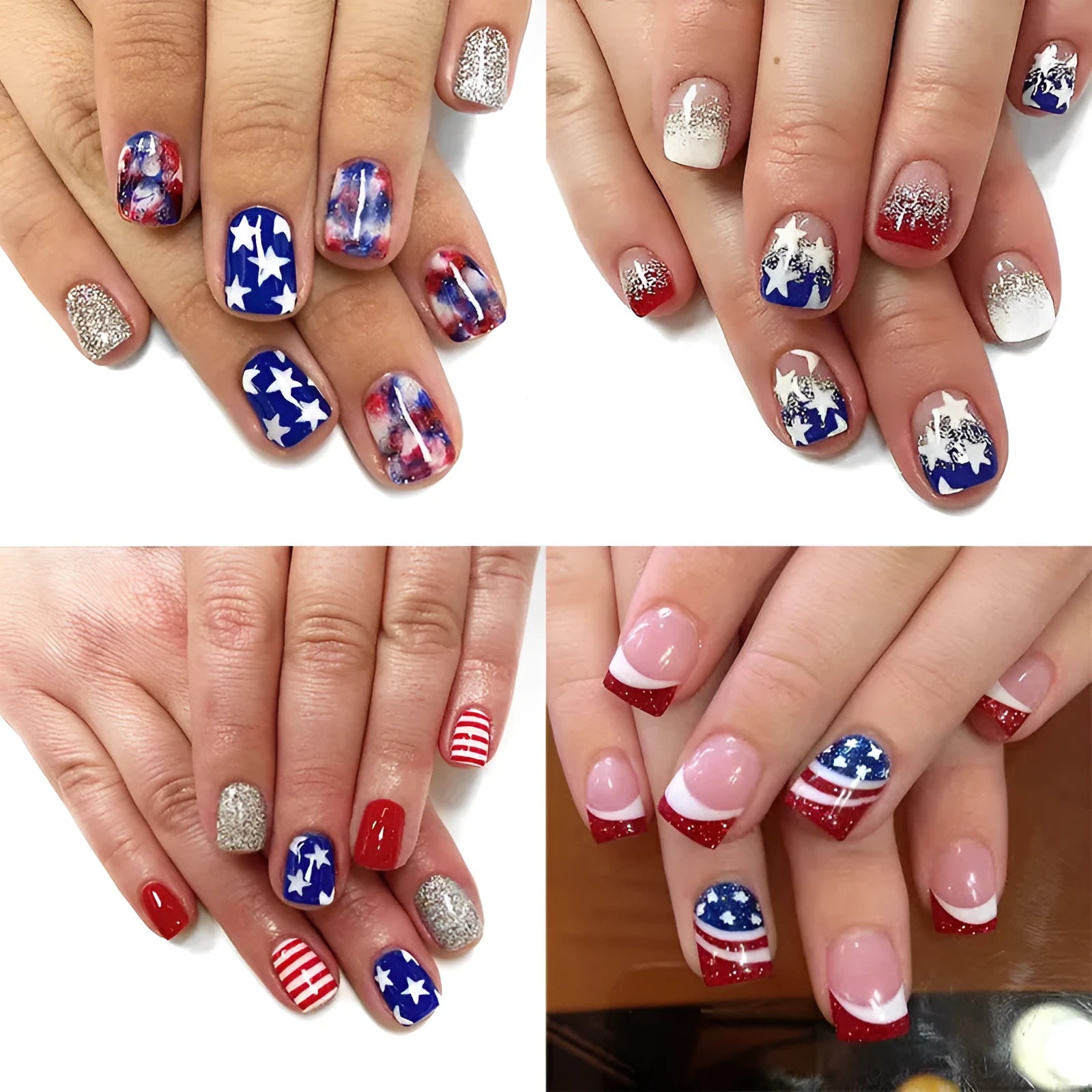 Independence Day nail art sticker set with US flag, stars, and stripes on a European square nail shape.