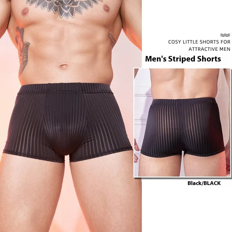 Men's striped transparent nylon underwear in black, white, and dark grey colours