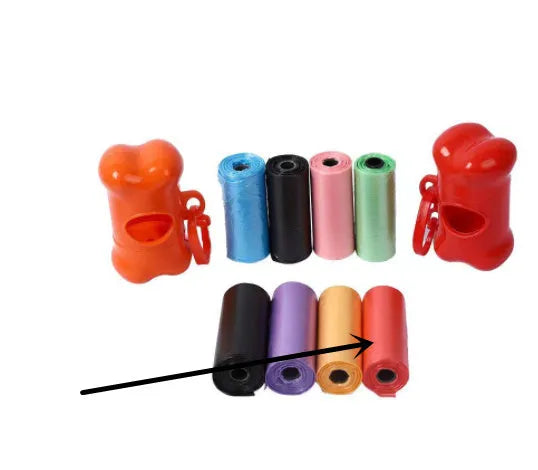 Pet waste bags in six colours showing black, blue, green, light blue, pink and red options