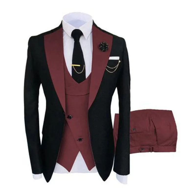 Men's slim fit cotton three-piece business suit in black with vest and trousers