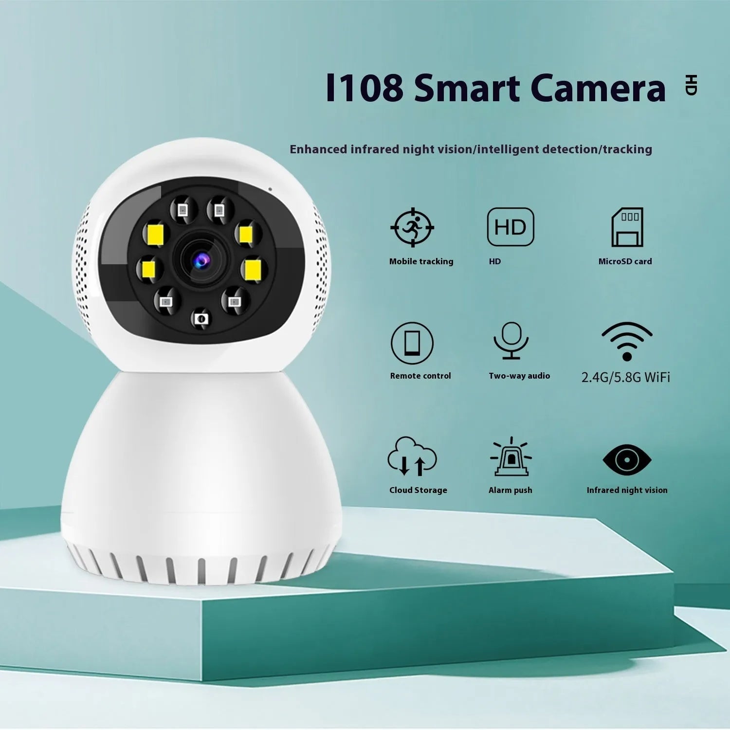 1080p HD dual-frequency wireless security camera with ABS housing and 12mm lens.