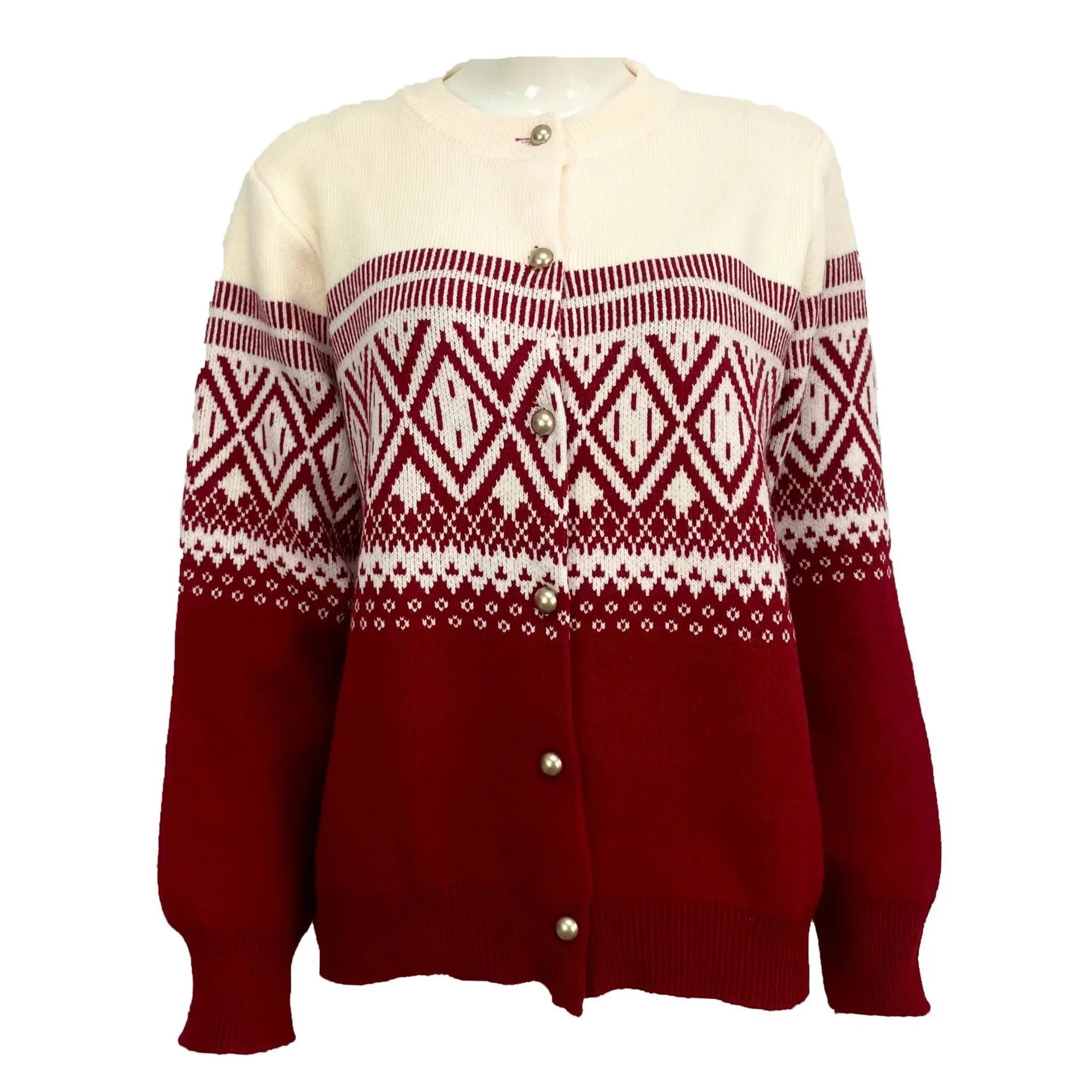 Women's red alpaca fleece cardigan with diamond knit pattern and contrast colour long sleeves