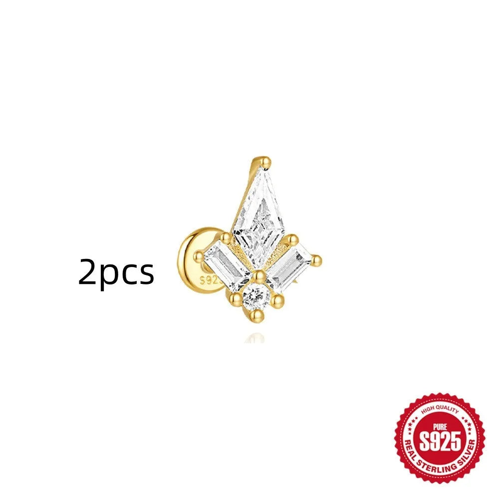 S925 sterling silver geometric kite earrings with rhinestones and chain tassel in gold tone