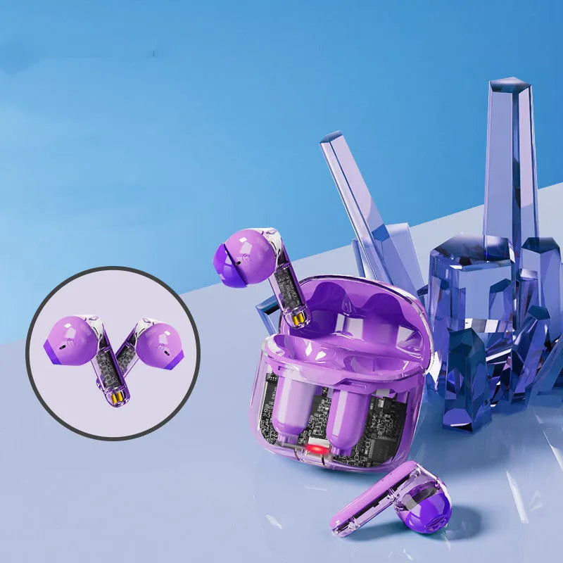 Transparent Bluetooth wireless headset showing internal components with black, white, and purple colour options
