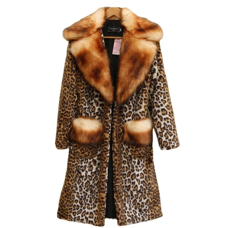 Women's long leopard print artificial fur jacket with regular sleeves on mannequin