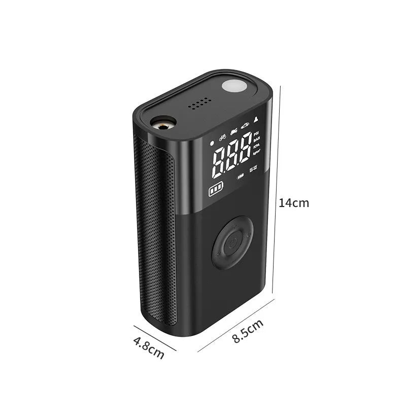 Black wireless digital tyre inflator pump with digital display and multiple nozzle attachments