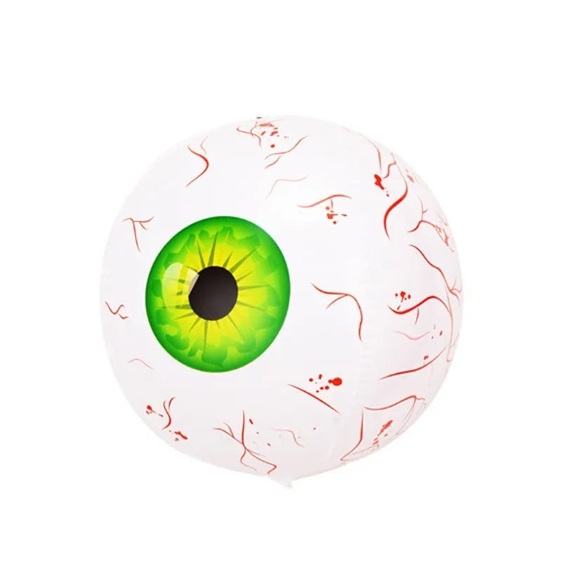 Halloween eyeball inflatable balloon with bloodshot design in red, showing automatic seal and spherical shape.