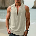 Men's casual sleeveless shirt in cotton linen blend showing seven colour options and Asian sizing