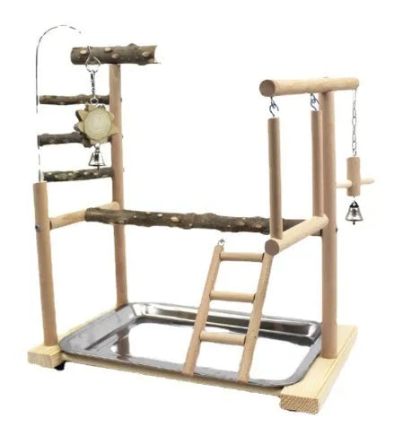 Parrot toy stand with pepper wood pole, a colourful bird swing, and a platform for cage enrichment.