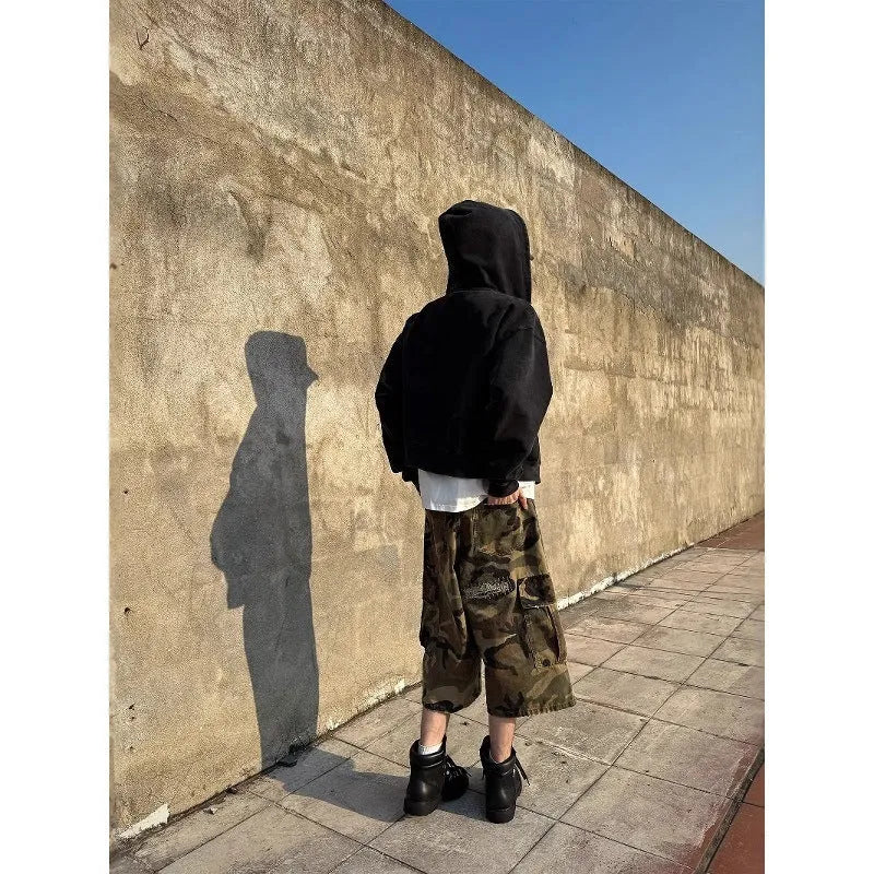 Men's camouflage cropped jeans with patch ripped detailing and straight-leg cut