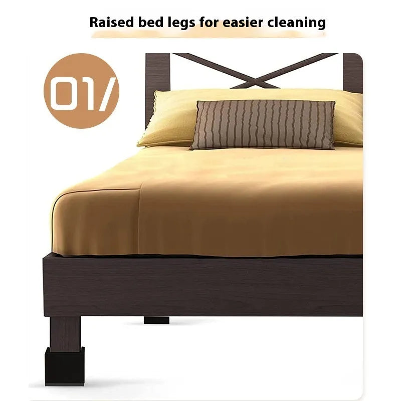 Four black plastic circular furniture riser feet on a floor