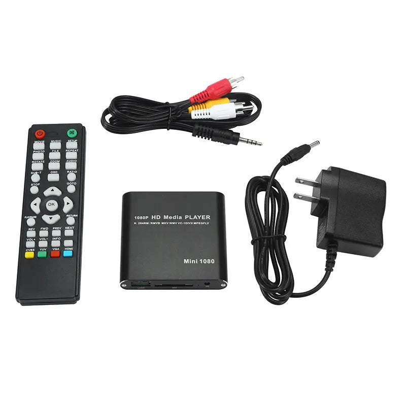 Compact black 1080P Full HD media player with ports for HDMI, USB, SD card, and power.