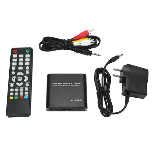 Compact black 1080P Full HD media player with ports for HDMI, USB, SD card, and power.