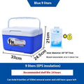 Blue portable insulated cooler box with aluminium foil construction and multiple capacity options.