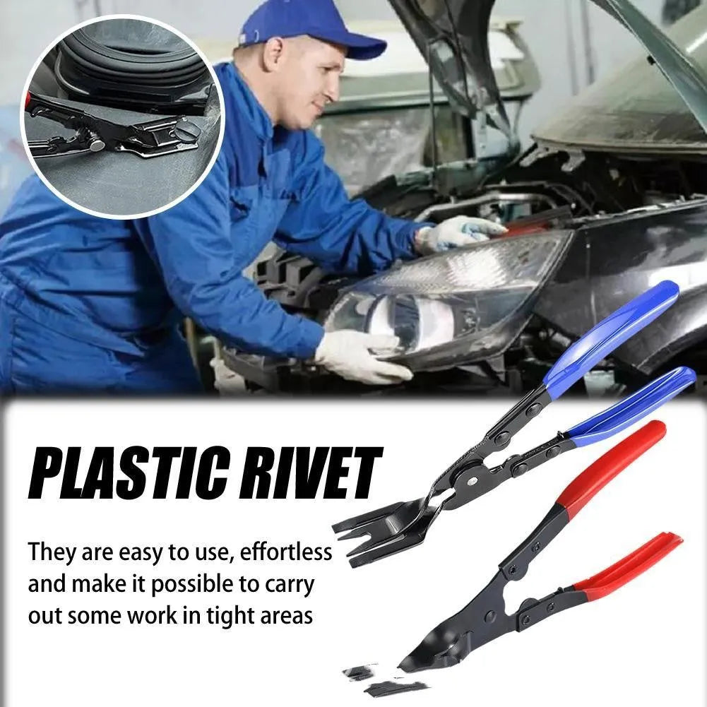 Blue steel car trim removal pliers with 235mm length and angled 32mm head