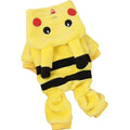 A small dog or cat wearing a cartoon-design fleece coat with a hoodie, suitable for indoor winter wear.