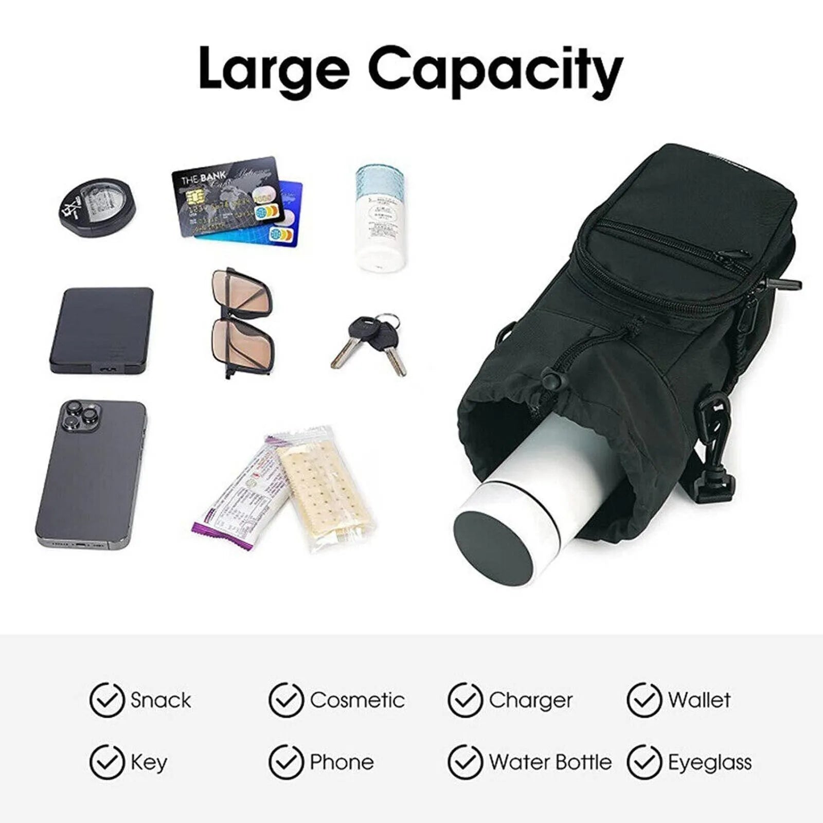 Cloth water bottle pouch crossbody bag with adjustable strap in black, green, and pink.