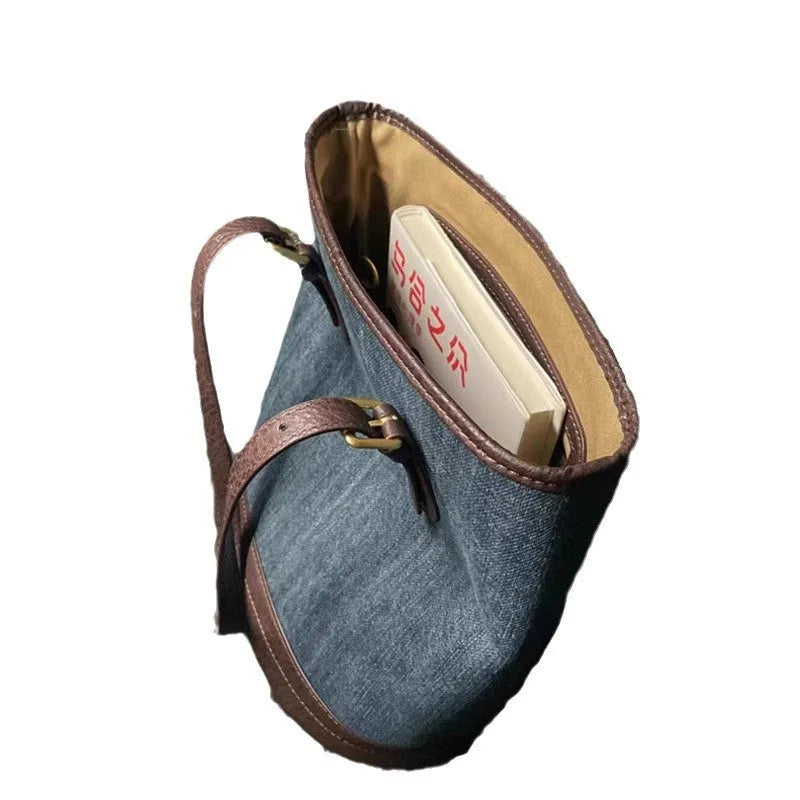 Retro denim patchwork one-shoulder bucket handbag with large capacity storage