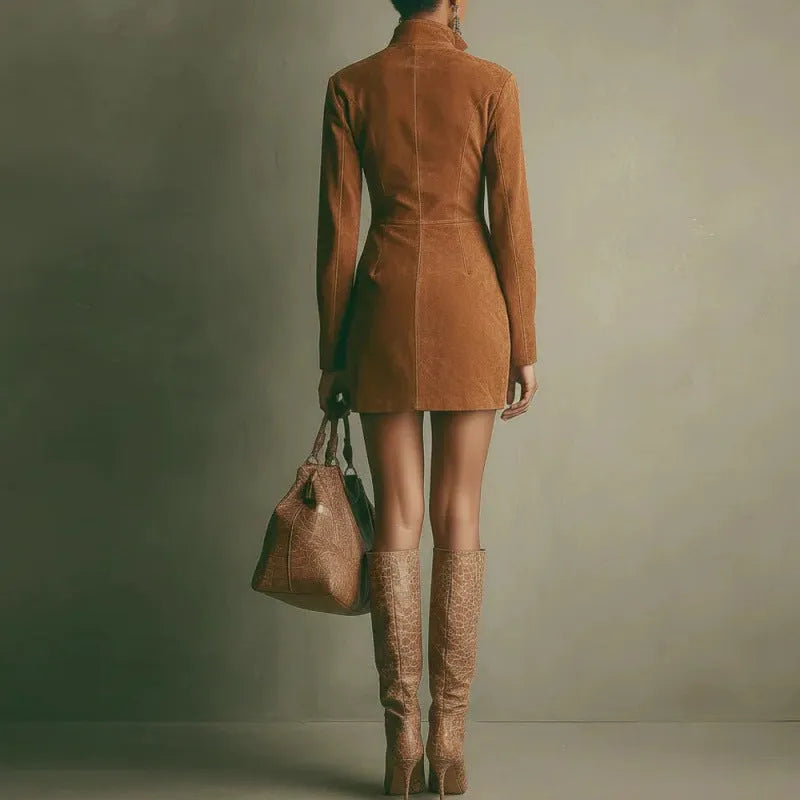 Deerskin velvet French long-sleeve zipper dress short skirt in dark brown, high waist hip-wrapped street hipster style