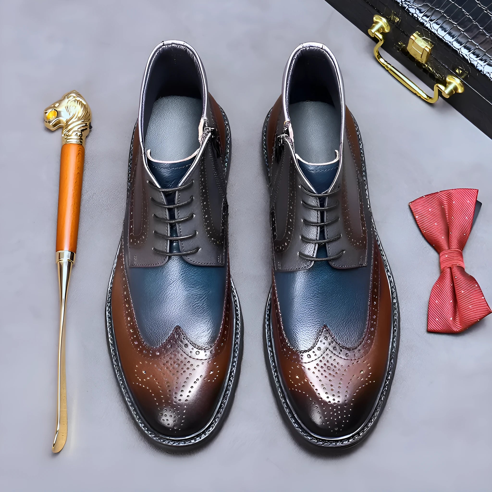 Men's coffee blue leather brogue ankle boots with vintage colour-blocking and decorative stitching.