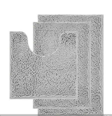 Chenille bathroom carpet three-piece set showing U-shaped toilet mat and two rectangular rugs in green.