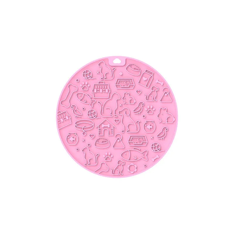 Round blue silicone pet licking mat with suction cup and textured surface for slow feeding.