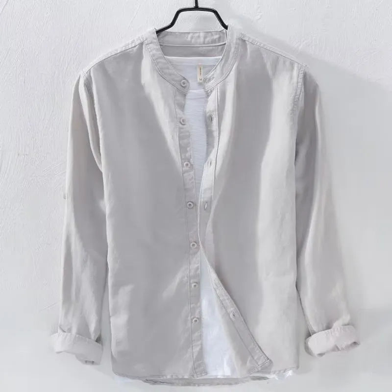 Loose fit casual long sleeve shirt in cotton linen blend fabric showing dark blue colour option