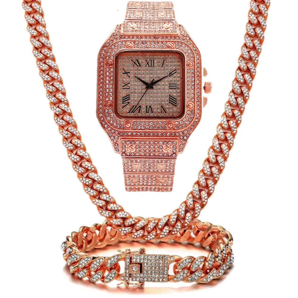 Roman numeral quartz watch set of three pieces with black mesh bands and square dials