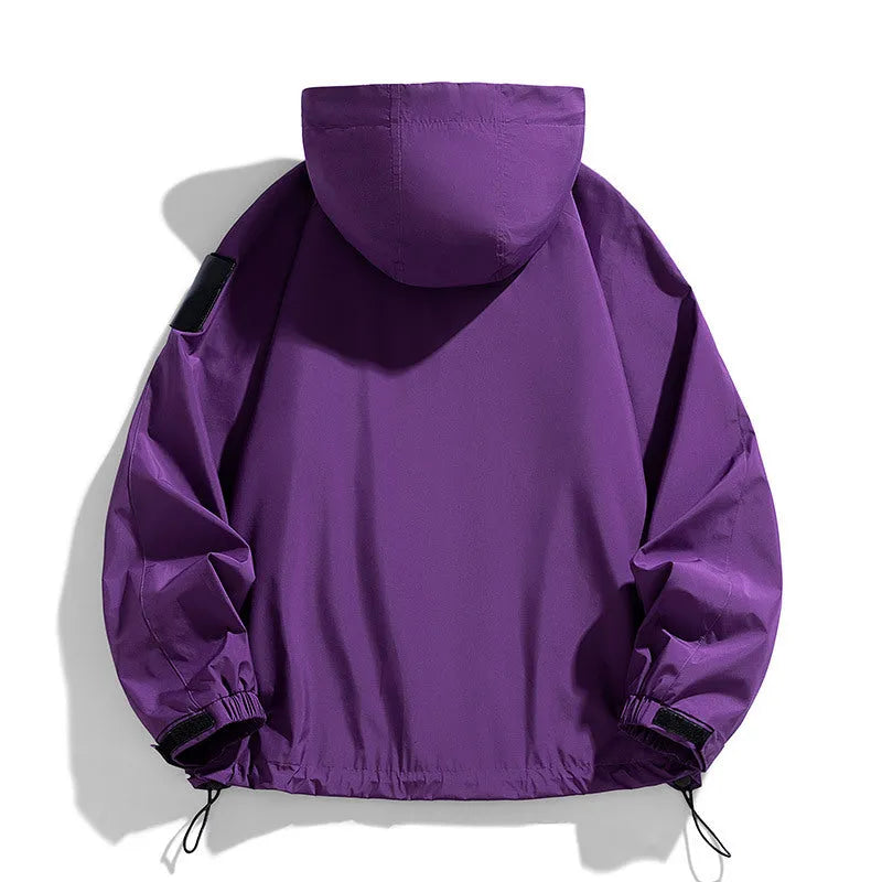 Men's black waterproof windproof hooded jacket showing long sleeves and regular length