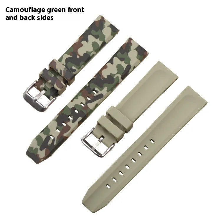 Camouflage silicone watch strap in green, blue, and grey patterns showing flat head design and three width options