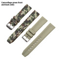 Camouflage silicone watch strap in green, blue, and grey patterns showing flat head design and three width options